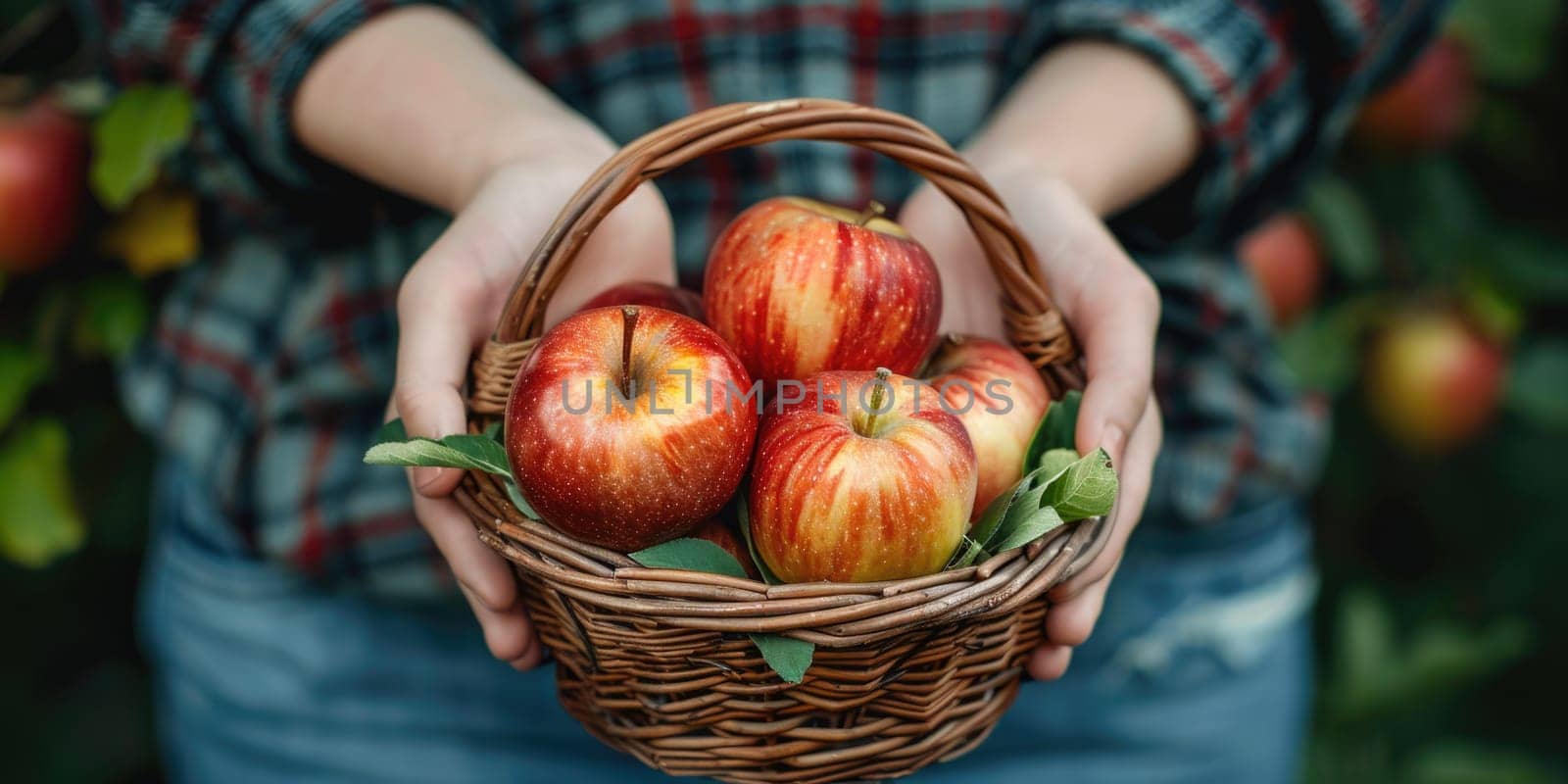 female Hands holding freshly picked basket with apples. ai generated