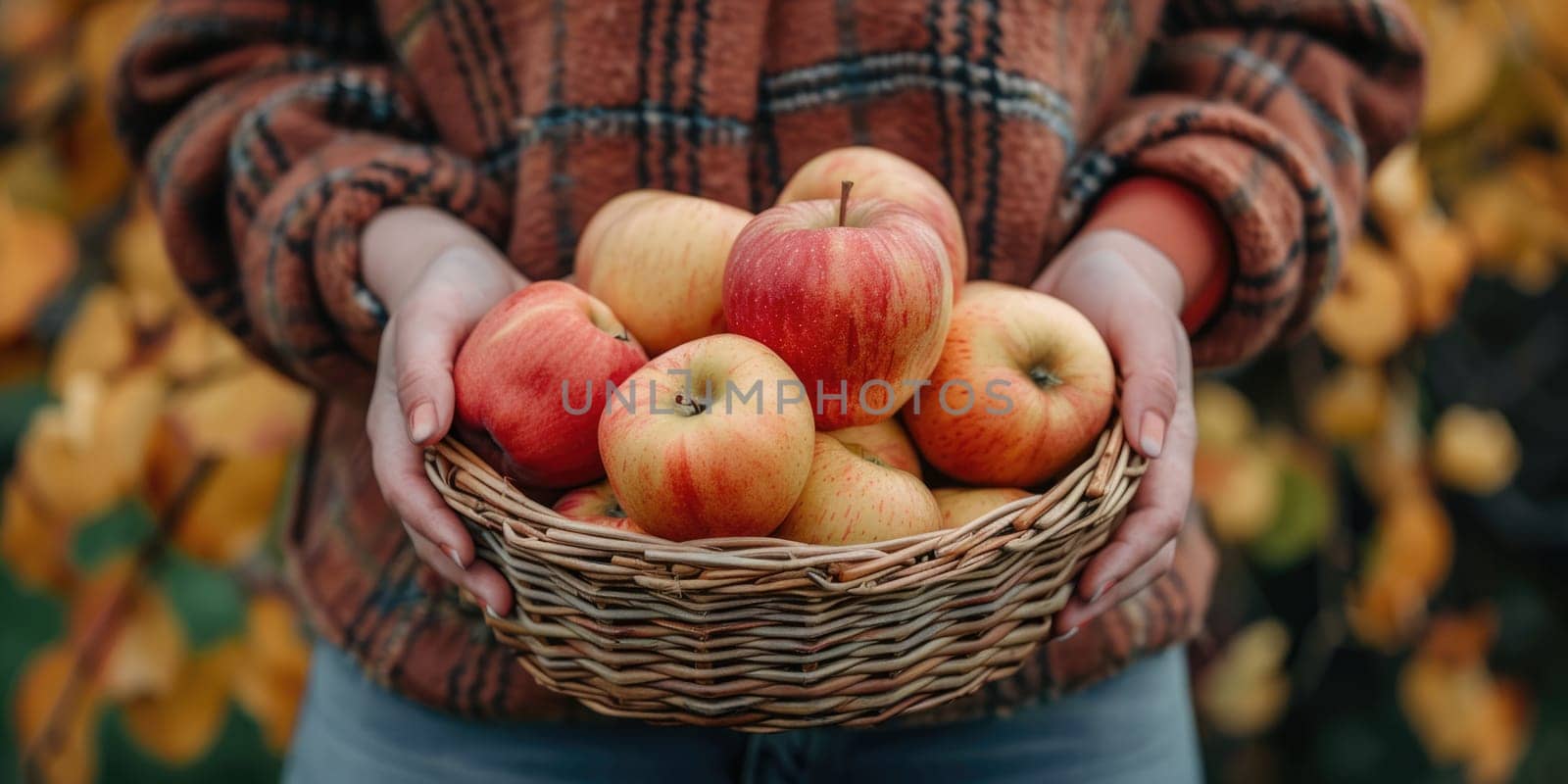 female Hands holding freshly picked basket with apples. ai generated