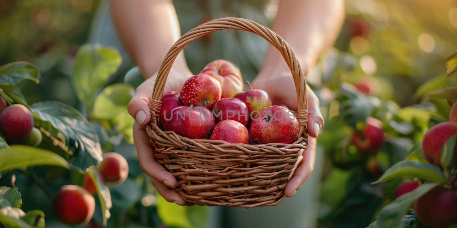 female Hands holding freshly picked basket with apples. ai generated by Desperada