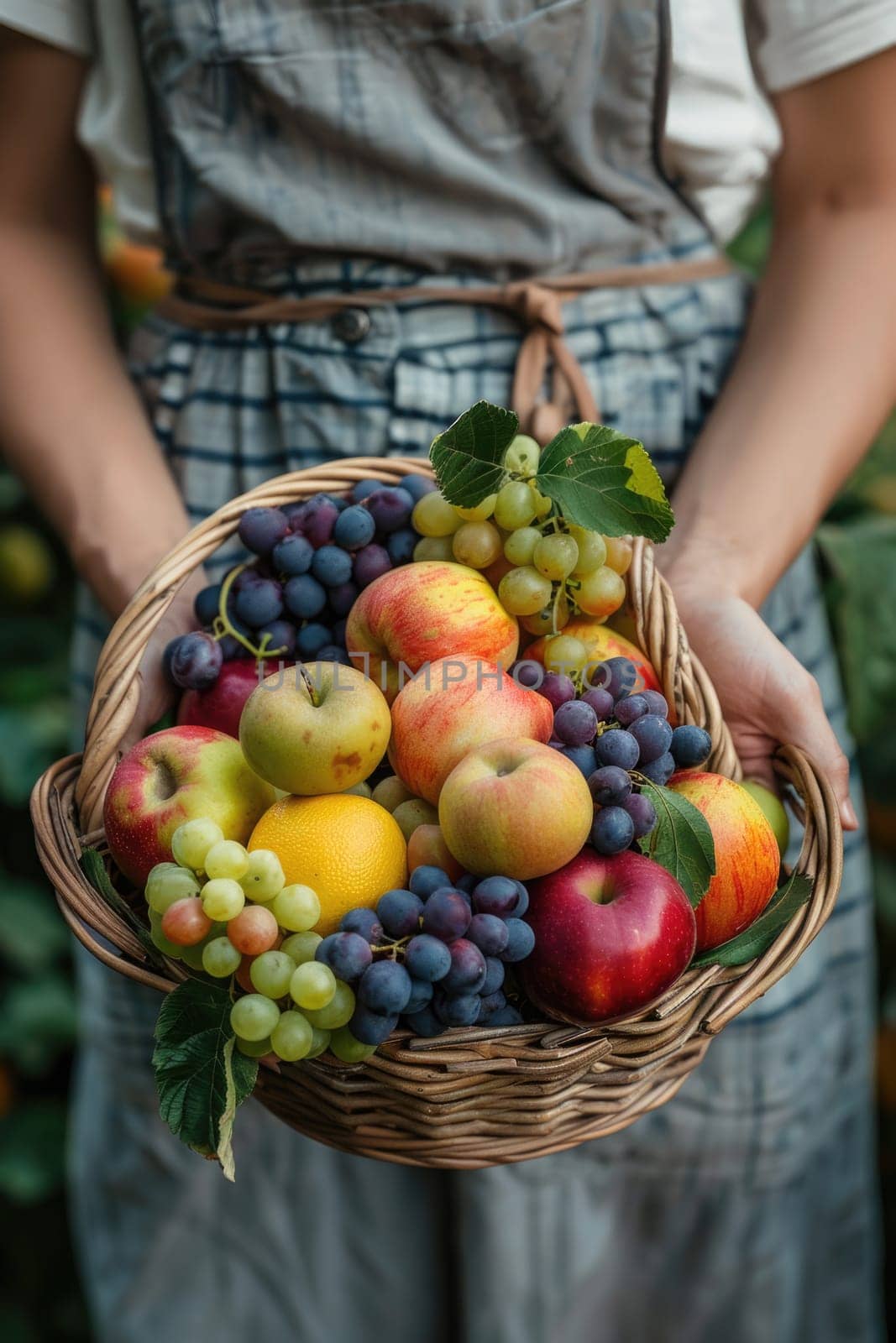 female Hands holding freshly picked basket with fruits. ai generated