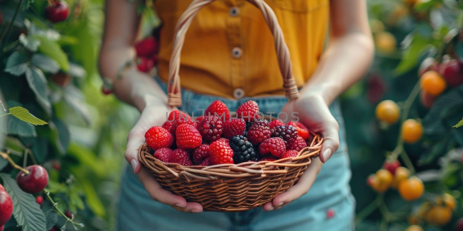 female Hands holding freshly picked basket with berries. ai generated by Desperada