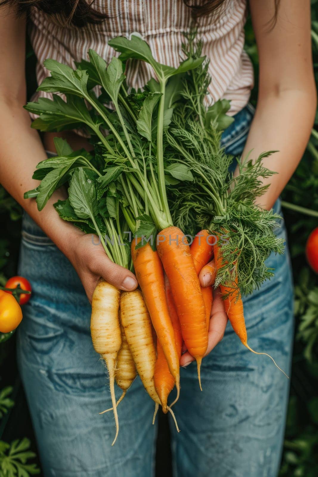 female Hands holding freshly picked vegetables from a local farmer's market. ai generated