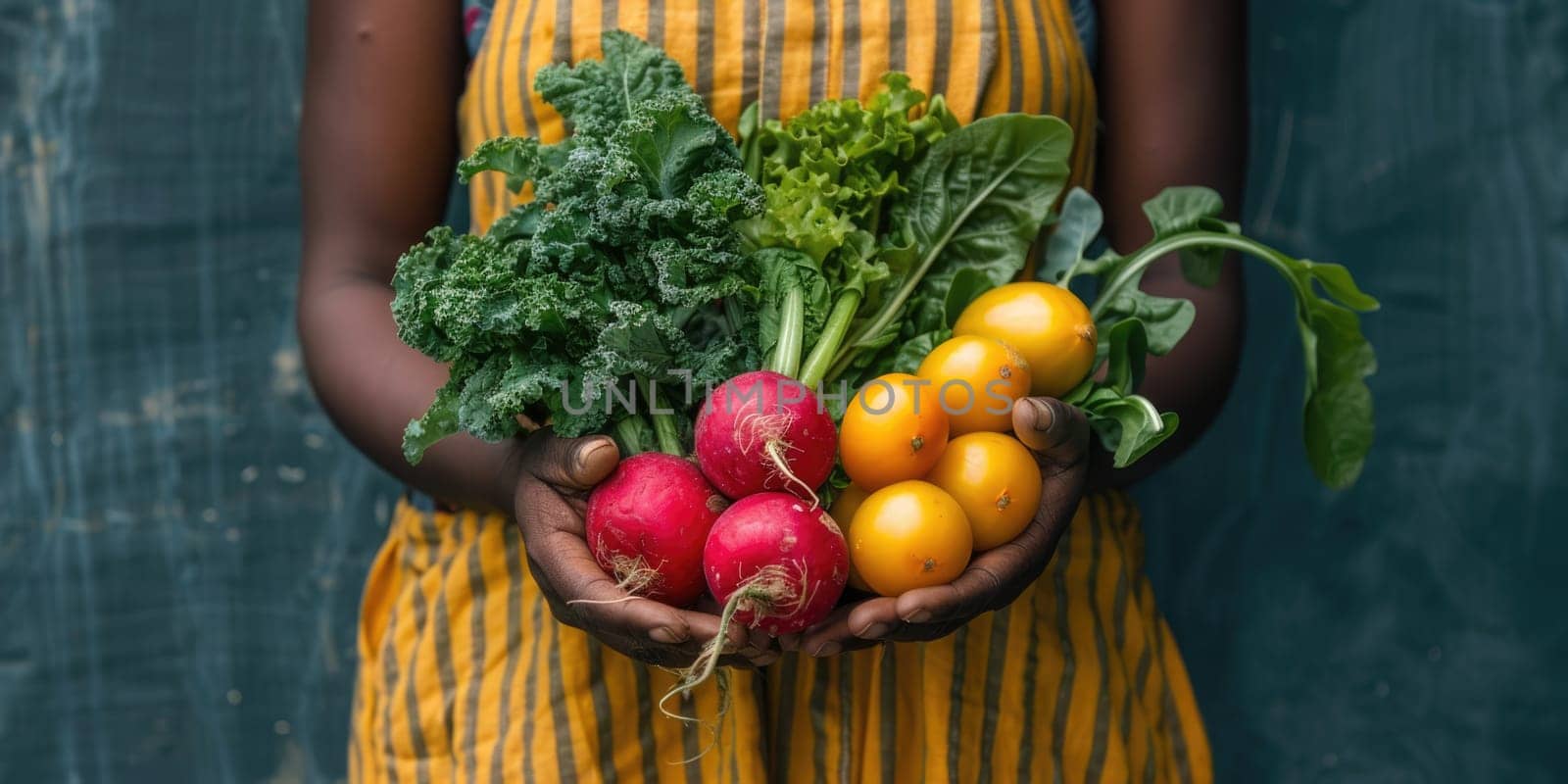 female Hands holding freshly picked vegetables from a local farmer's market. ai generated