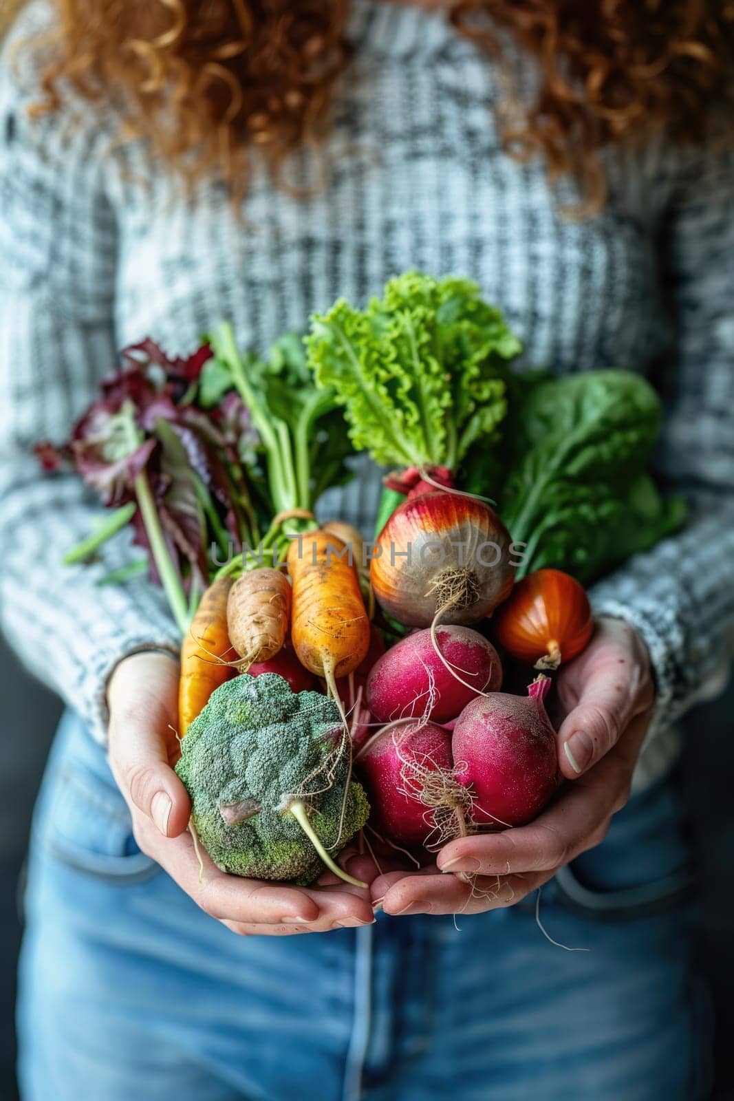 female Hands holding freshly picked vegetables from a local farmer's market. ai generated