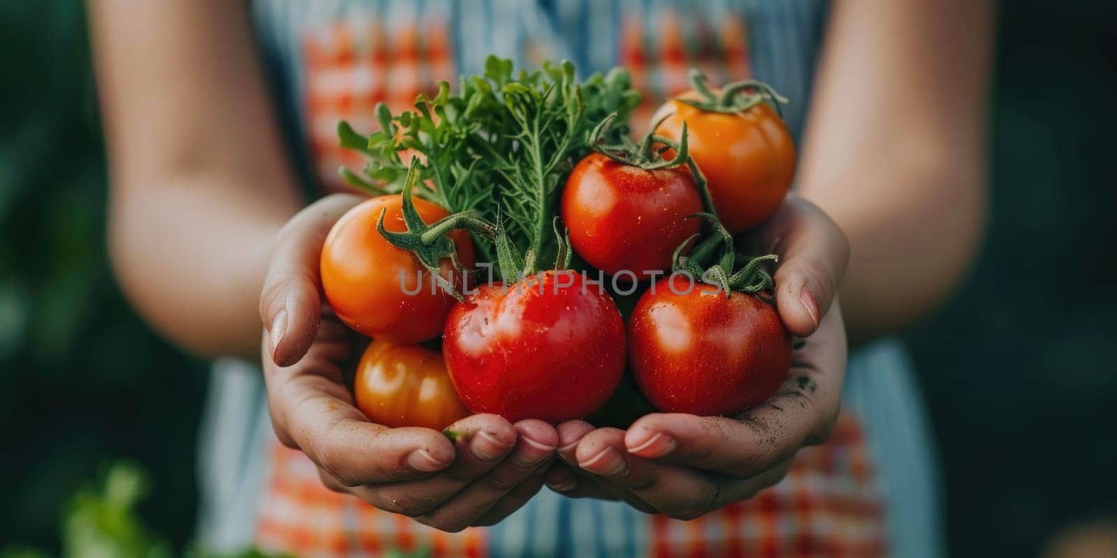 female Hands holding freshly picked vegetables from a local farmer's market. ai generated