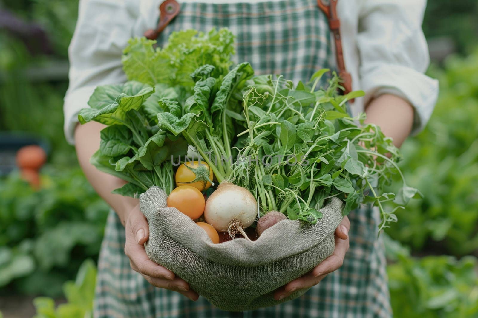 female Hands holding freshly picked vegetables in craft bag from a local farmer's market. ai generated