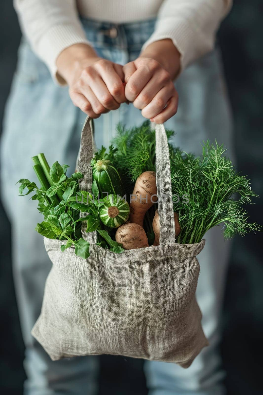 female Hands holding freshly picked vegetables in craft bag from a local farmer's market. ai generated