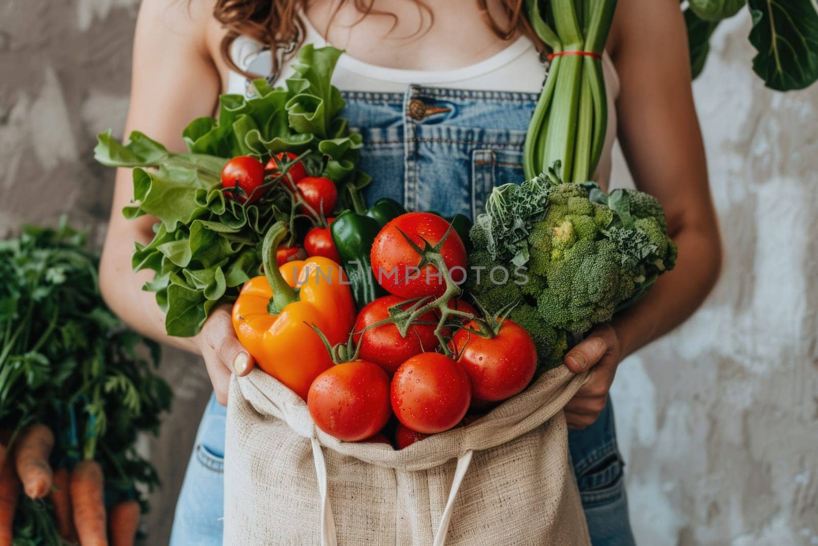 Hands holding freshly picked vegetables in craft bag from a local farmer's market. ai generated by Desperada