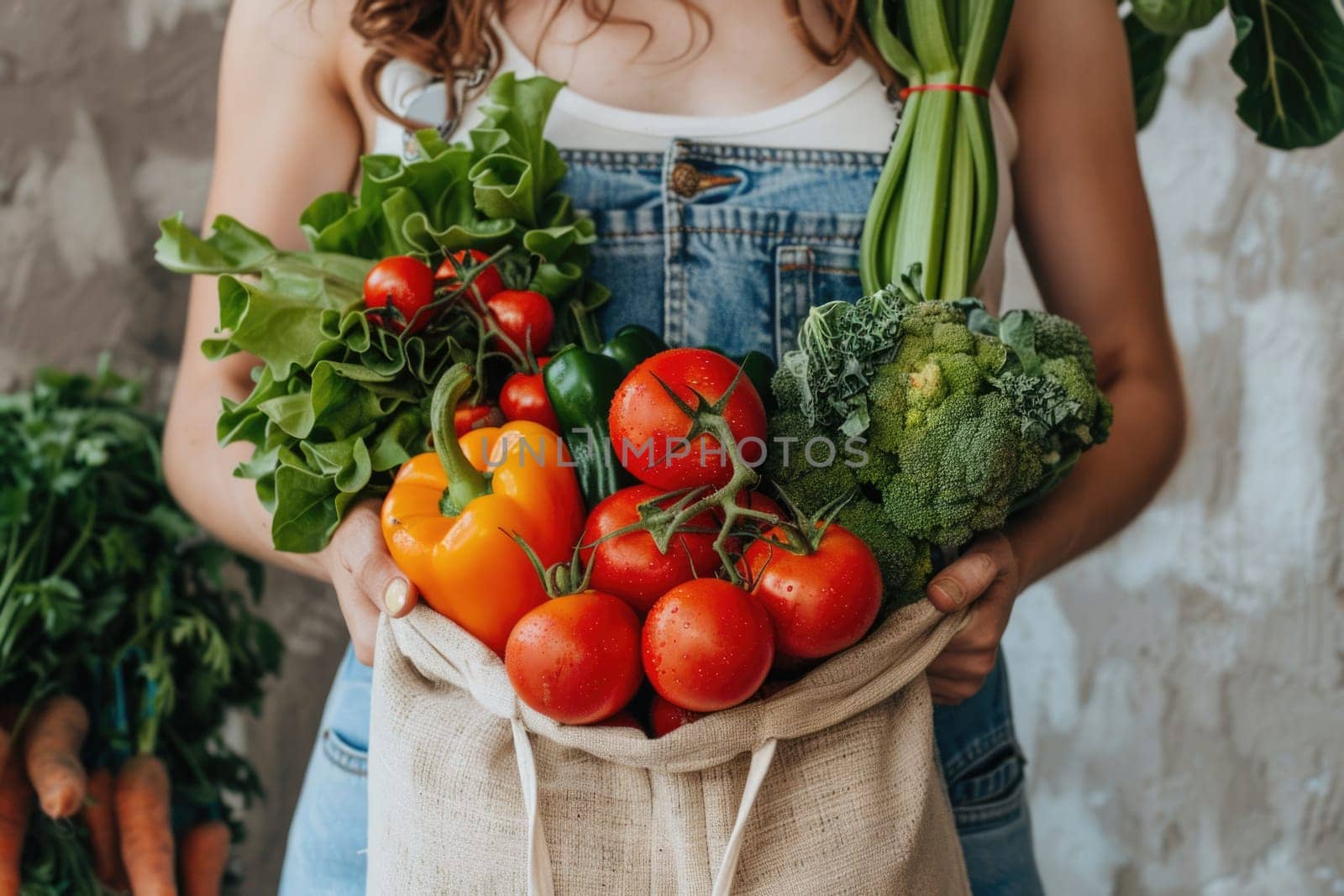 female Hands holding freshly picked vegetables in craft bag from a local farmer's market. ai generated