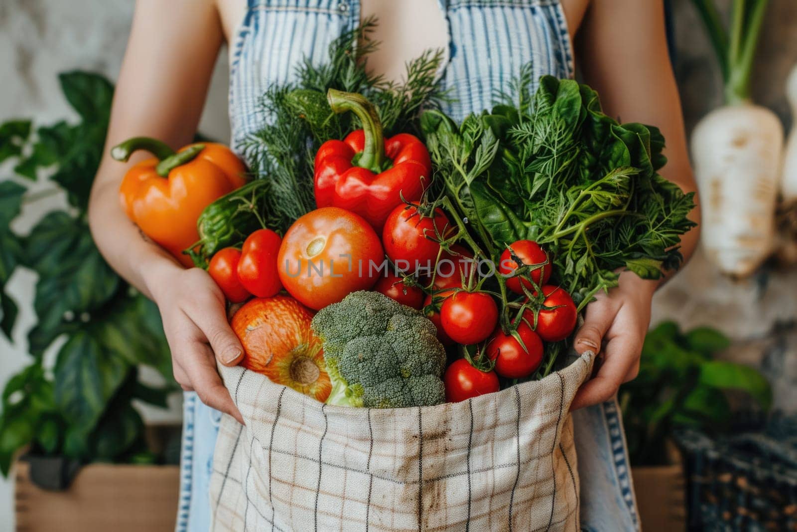 female Hands holding freshly picked vegetables in craft bag from a local farmer's market. ai generated