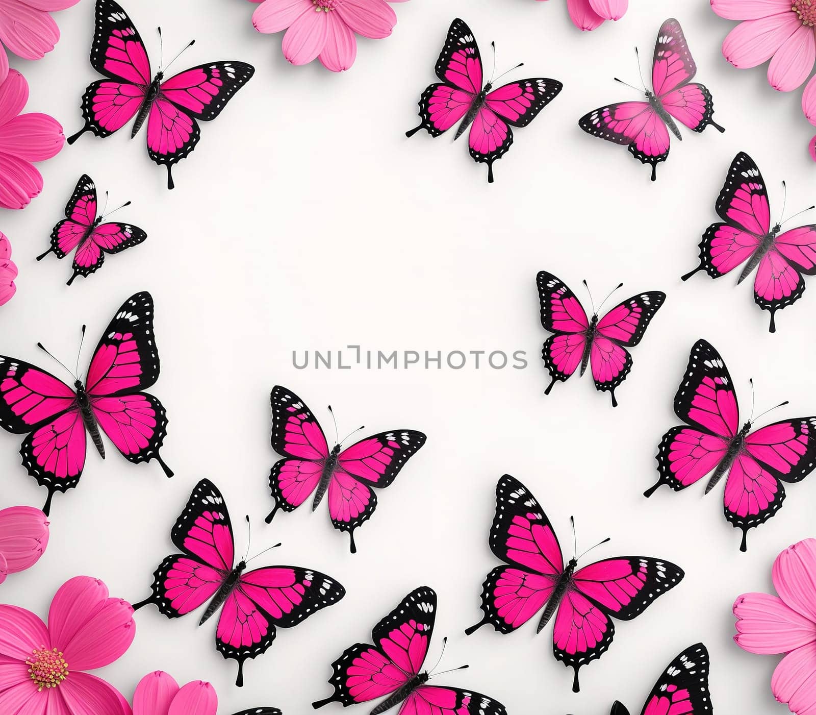 The image depicts a group of pink butterflies surrounded by white flowers on a gray background.