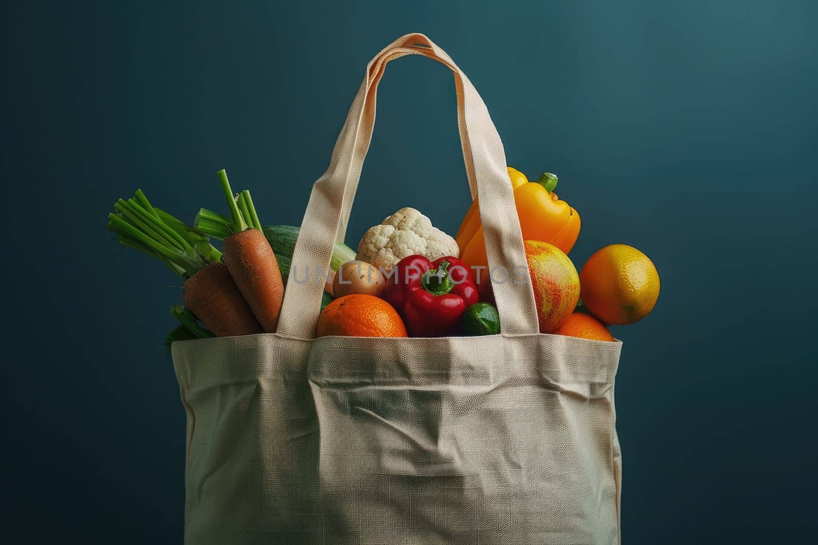 Cotton grocery tote bag with fresh vegetables, fruits, ai generated