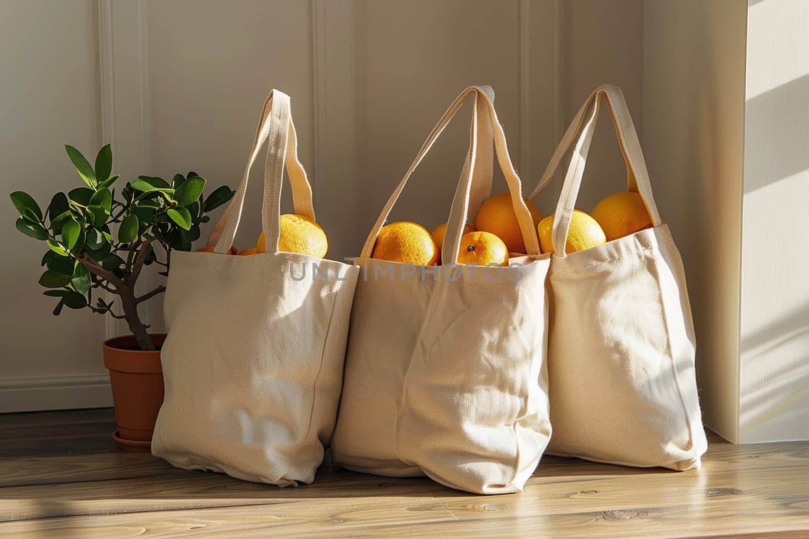 Cotton grocery tote bag with fresh vegetables, fruits, ai generated