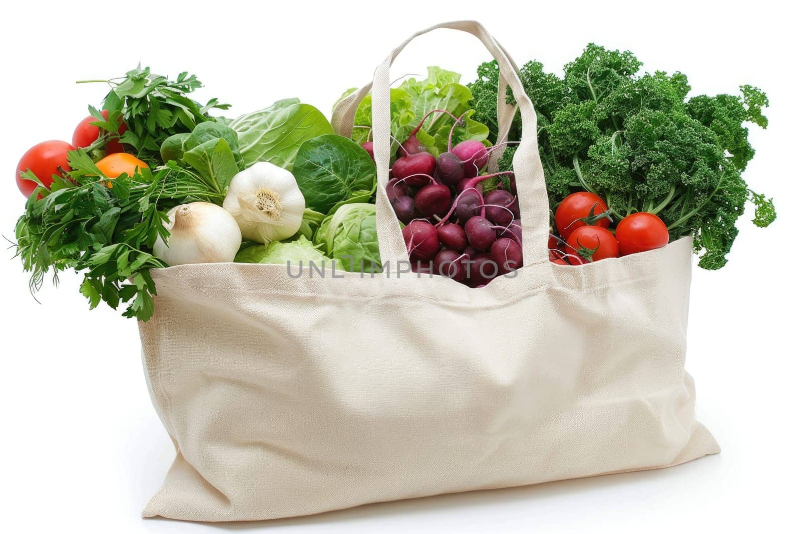 Cotton grocery tote bag with fresh vegetables, fruits, ai generated