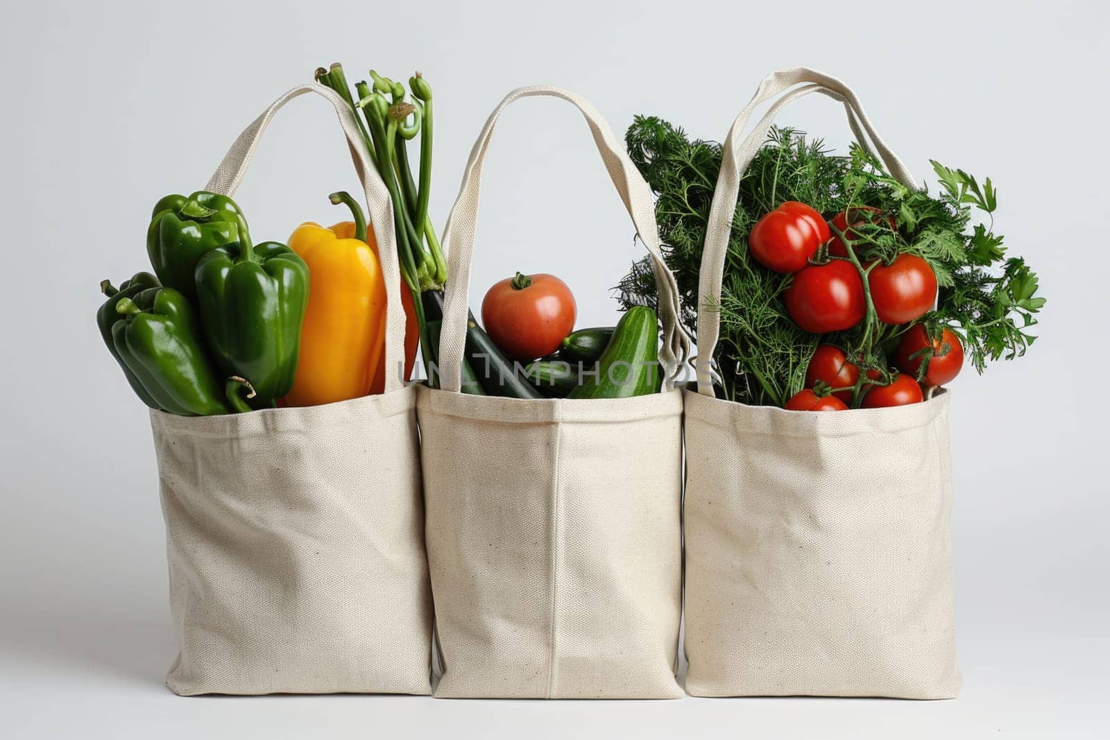 Cotton grocery tote bag with fresh vegetables, fruits, ai generated