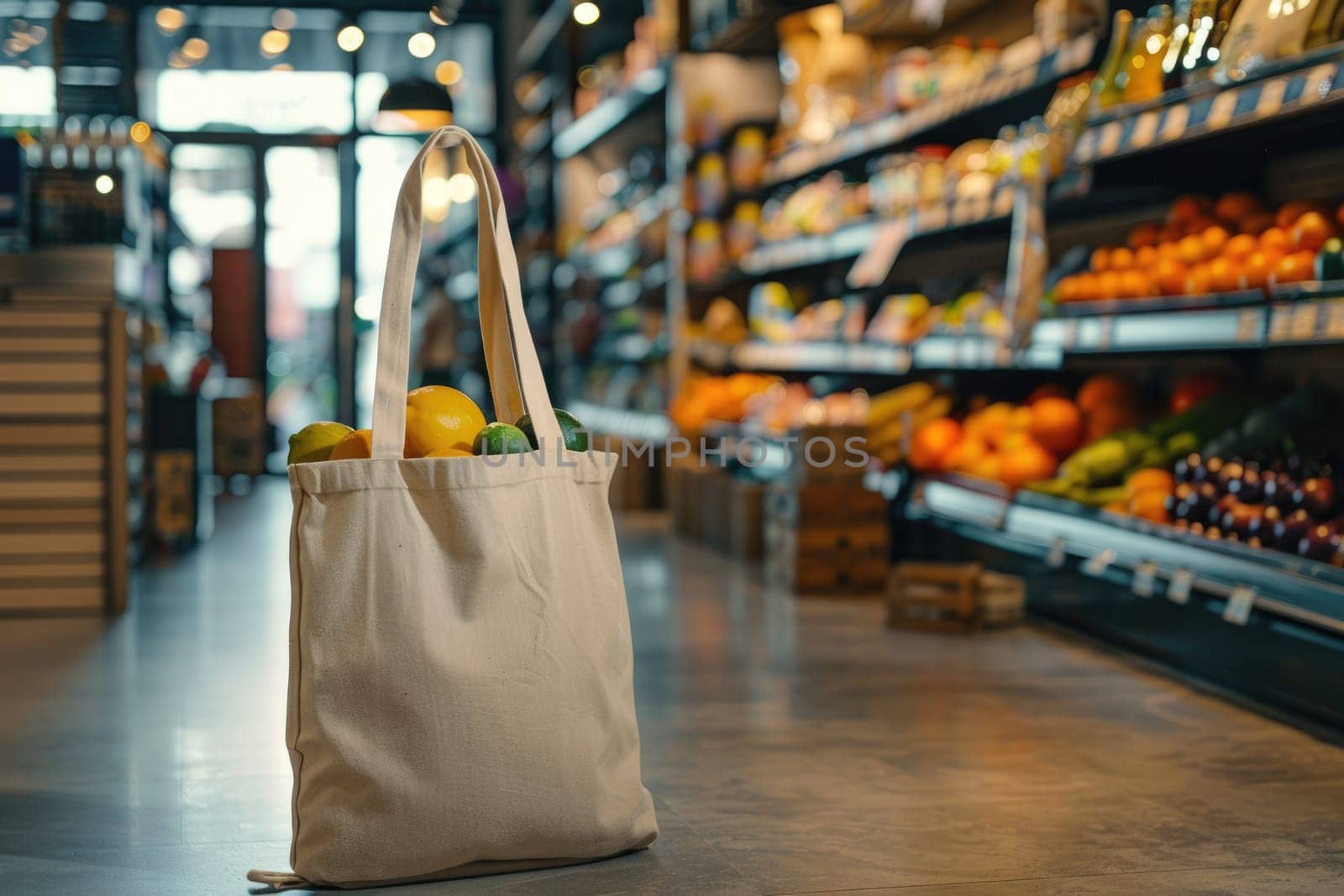 Cotton grocery tote bag with fresh vegetables, fruits, ai generated