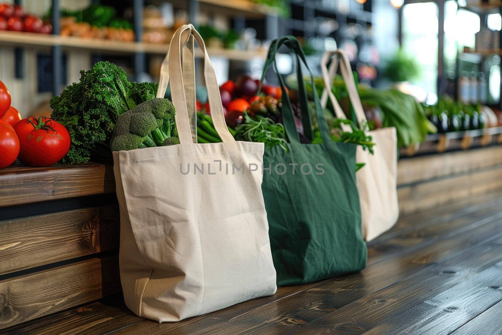 Cotton grocery tote bag with fresh vegetables, fruits, ai generated