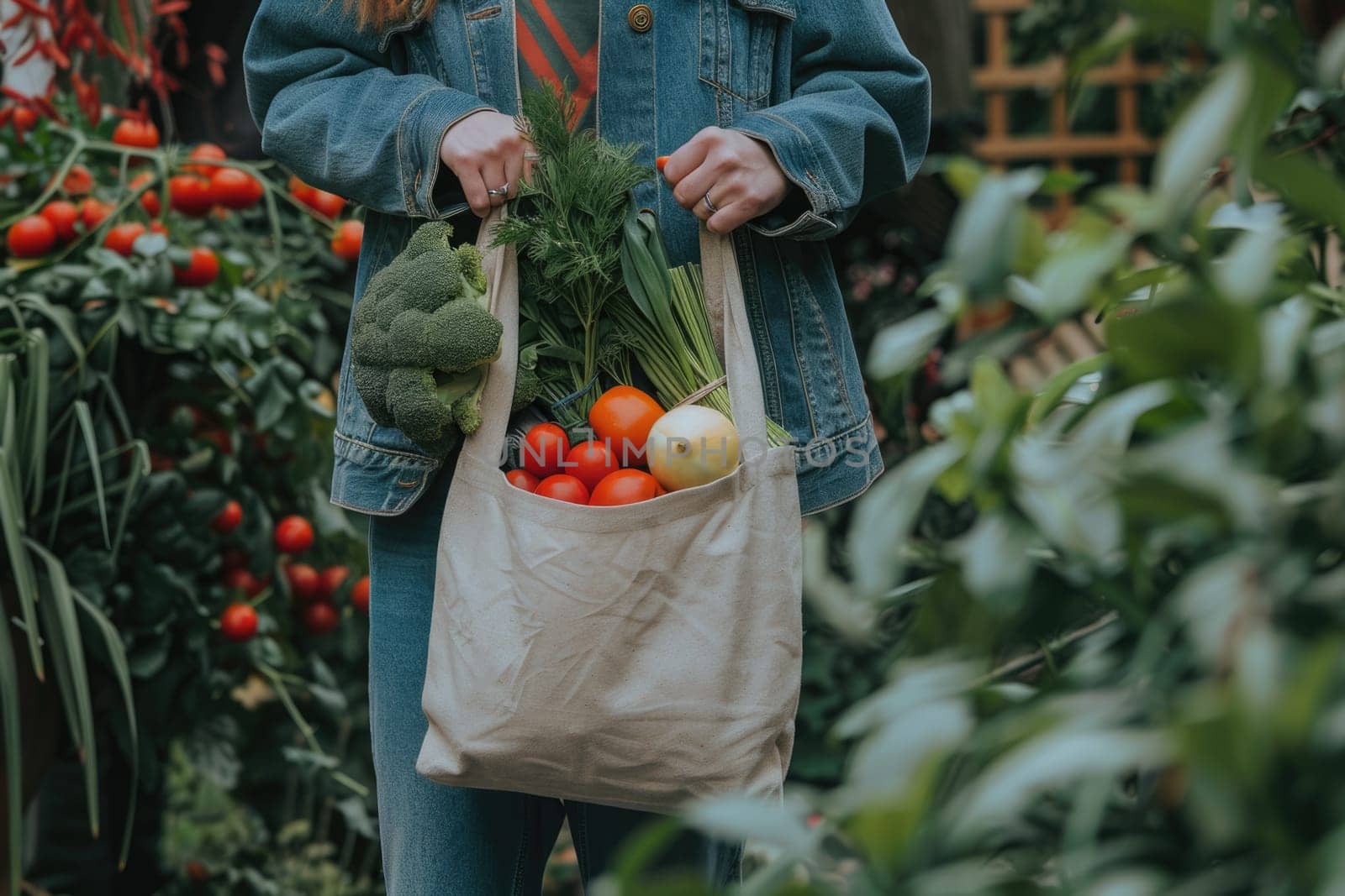 Cotton grocery tote bag with fresh vegetables, fruits, ai generated
