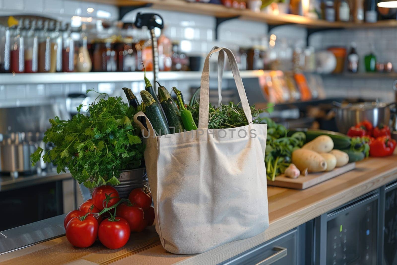 Cotton grocery tote bag with fresh vegetables, fruits, ai generated