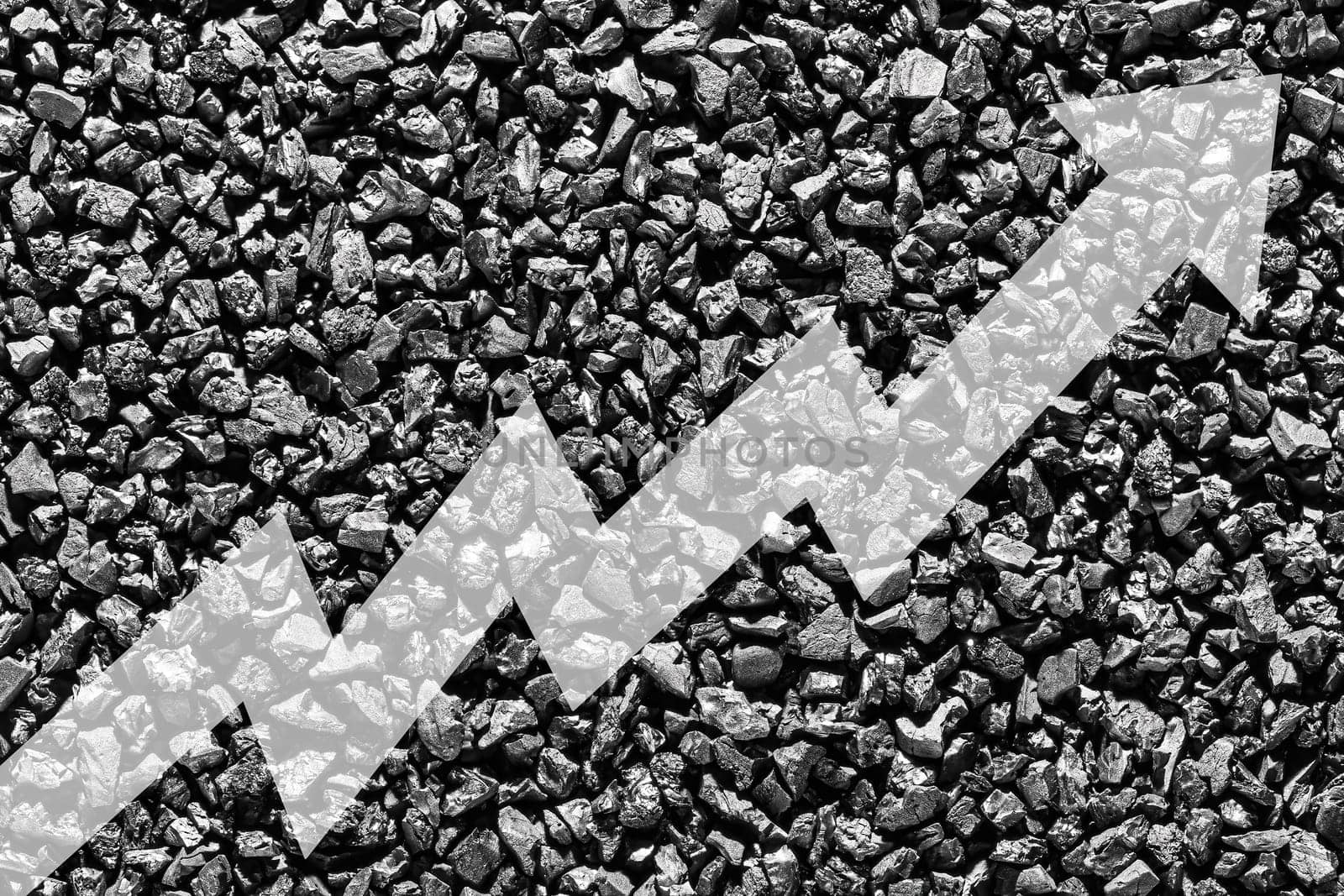 Arrow up on coal background. The concept of price growth, mining, import, export, production or sales of coal. by Eugene_Yemelyanov