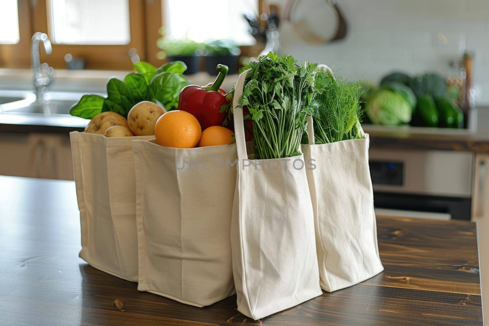 Cotton grocery tote bag with fresh vegetables, fruits, ai generated