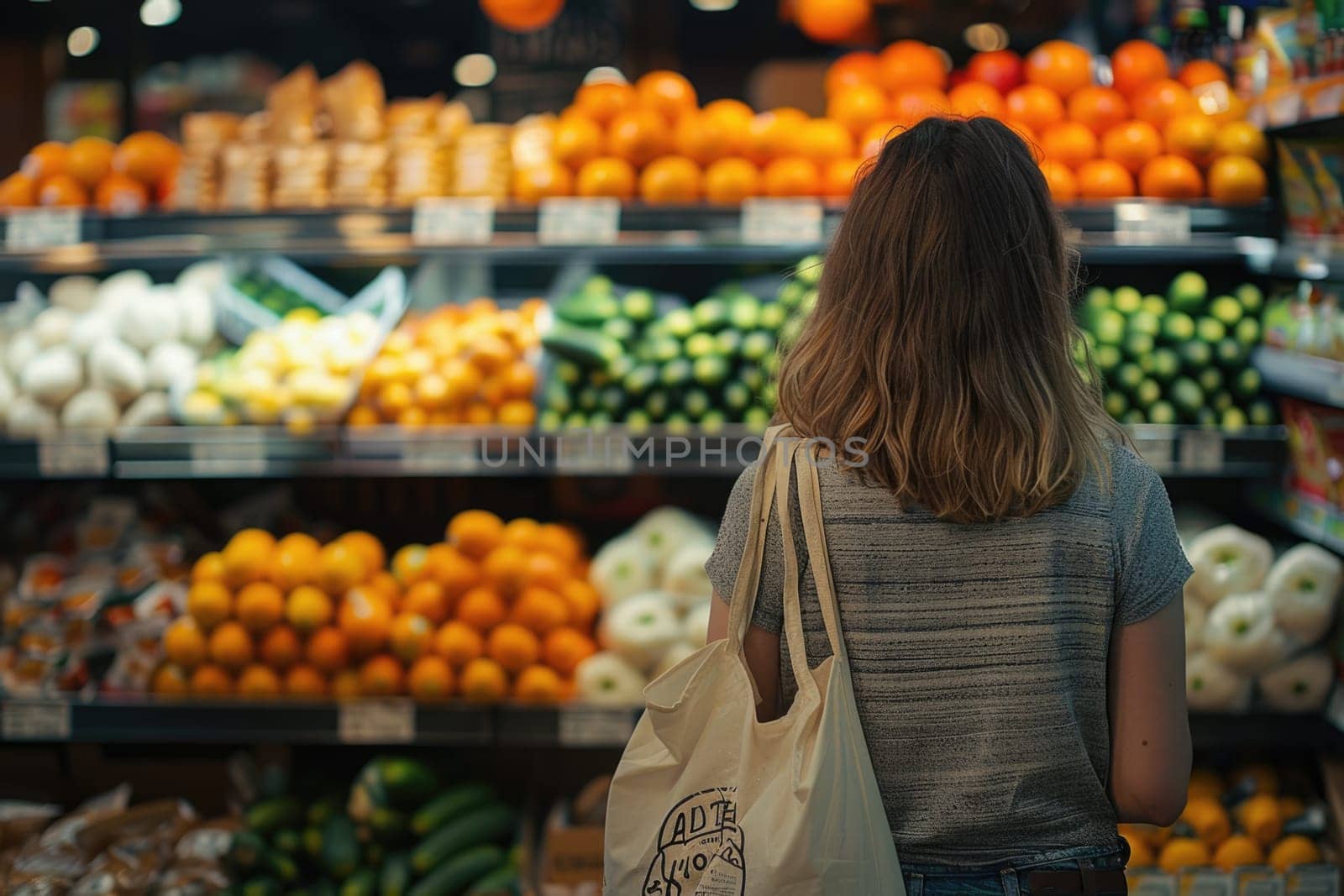 Cotton grocery tote bag with fresh vegetables, fruits, ai generated