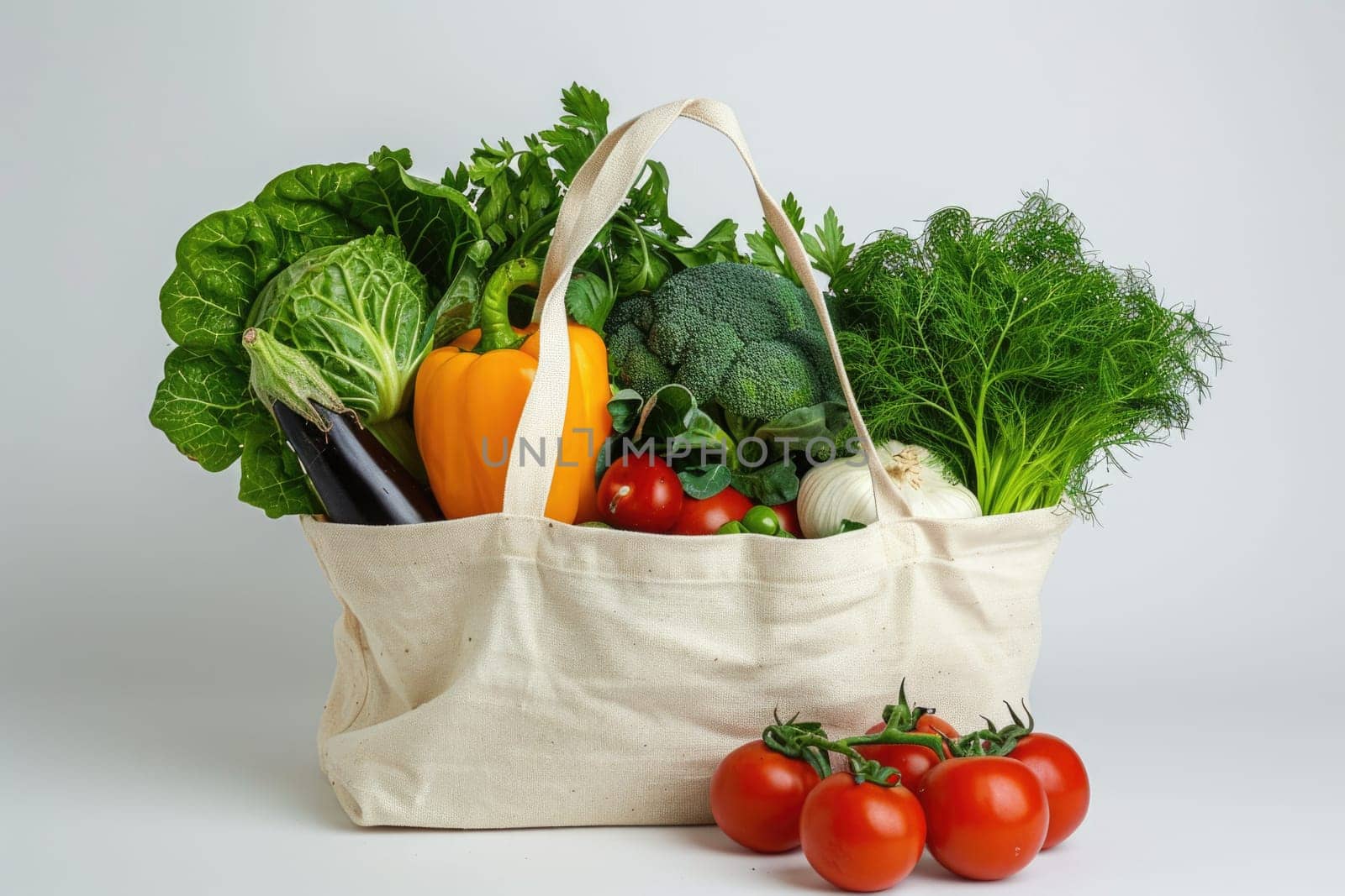 Cotton grocery tote bag with fresh vegetables, fruits, ai generated by Desperada