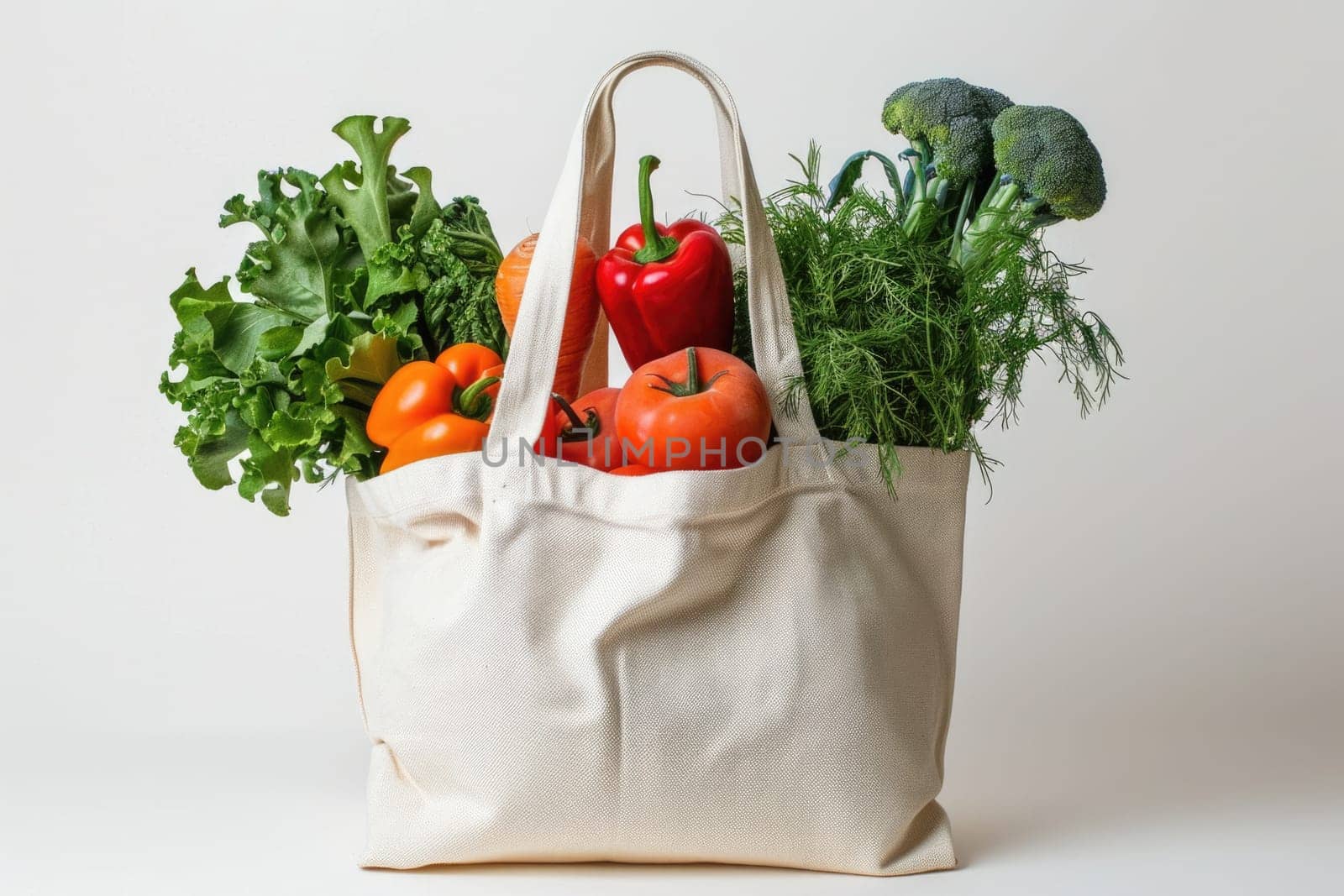 Cotton grocery tote bag with fresh vegetables, fruits, ai generated by Desperada