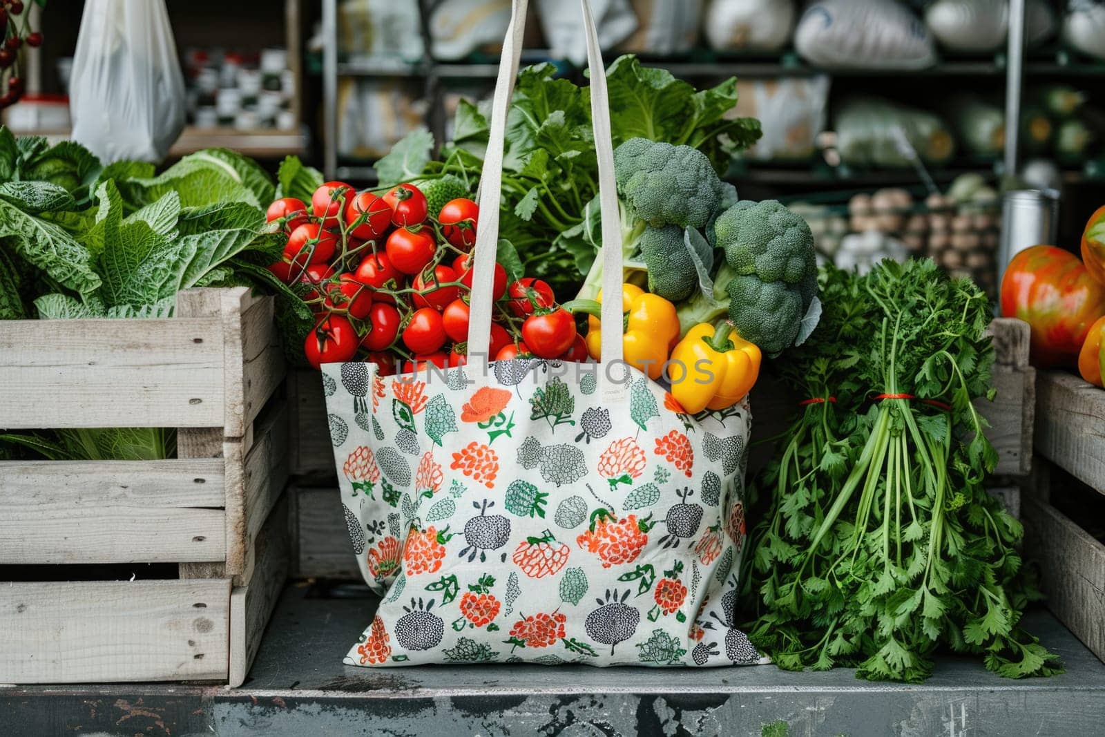 Cotton grocery tote bag with fresh vegetables, fruits, ai generated by Desperada