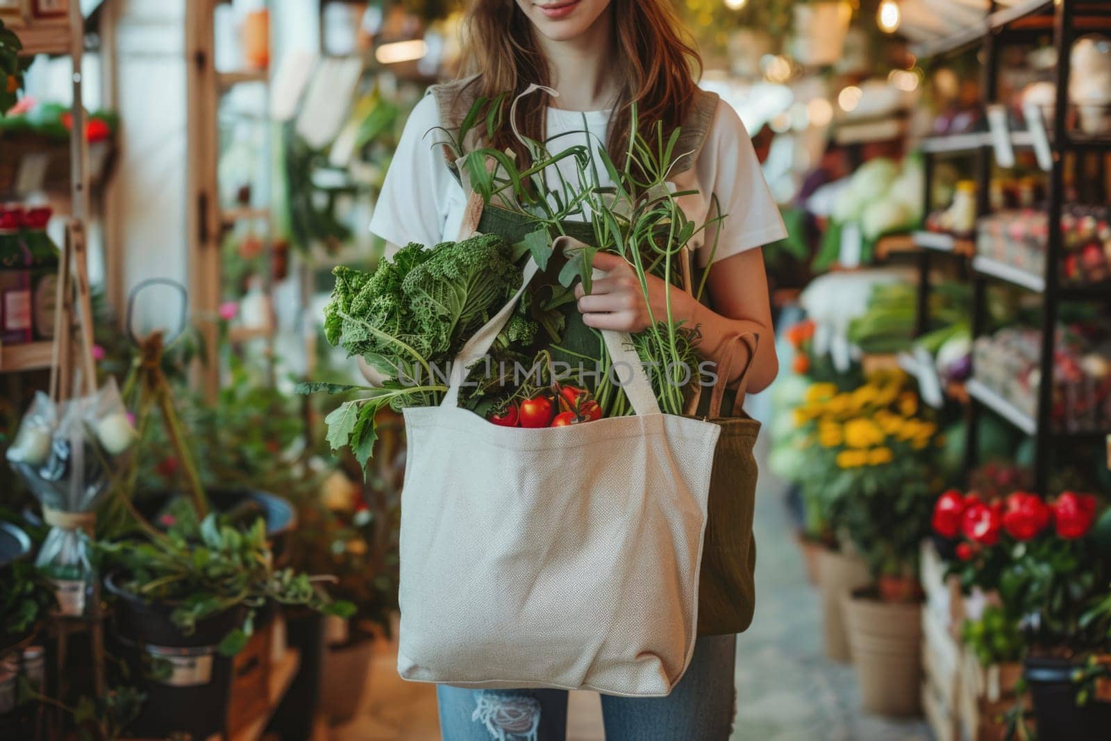 woman holding a tote bag filled with groceries, ai generated by Desperada