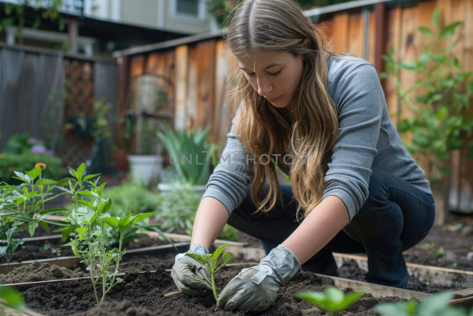 woman planting herbs or vegetables in a small backyard garden. ai generated