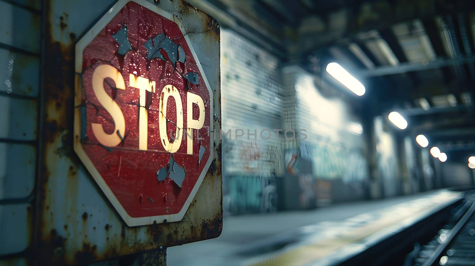 A stop sign is displayed in the subway station using automotive lighting. The font and art on the glass sign mimic a traditional road stop sign on asphalt