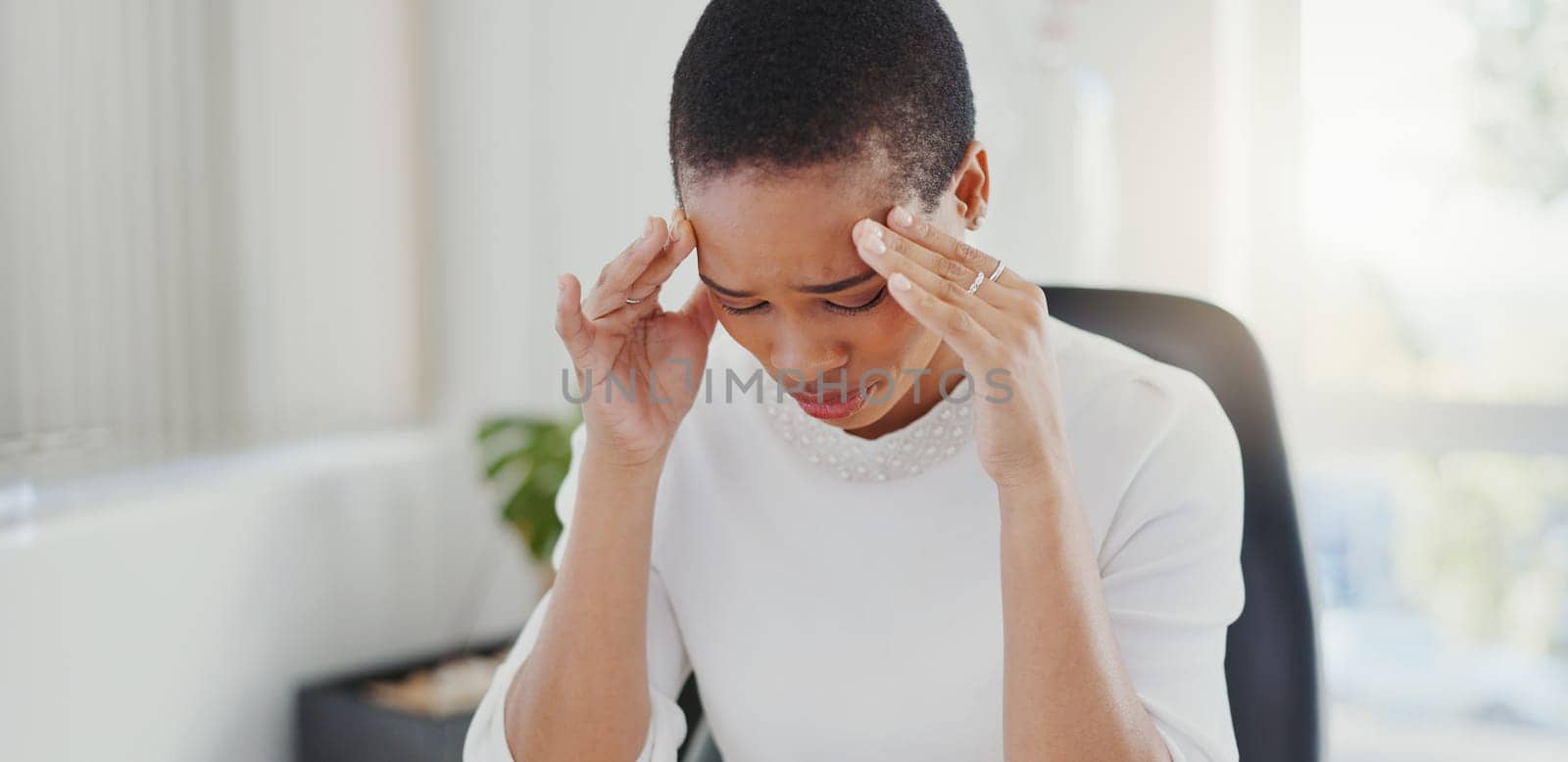 Headache, stress and business with black woman in office for anxiety, pain and pressure. Burnout, mental health and tired with female employee and migraine in agency for frustrated, sad and fatigue by YuriArcurs