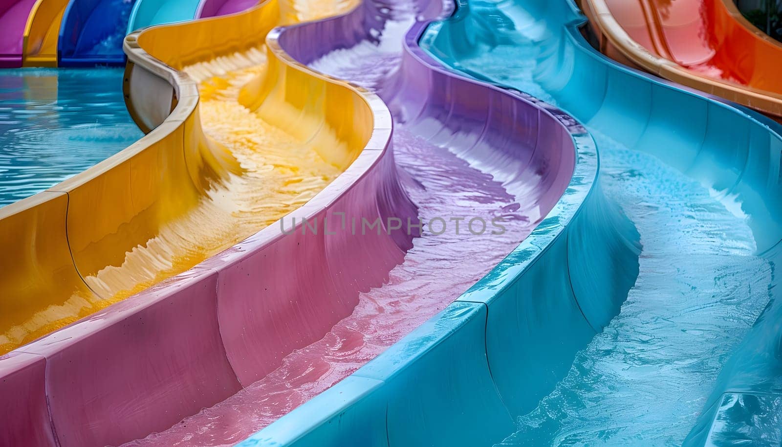 A vibrant row of water slides at the water park provides a thrilling experience for leisure and recreation, with hues of magenta and electric blue creating a festive and fun atmosphere