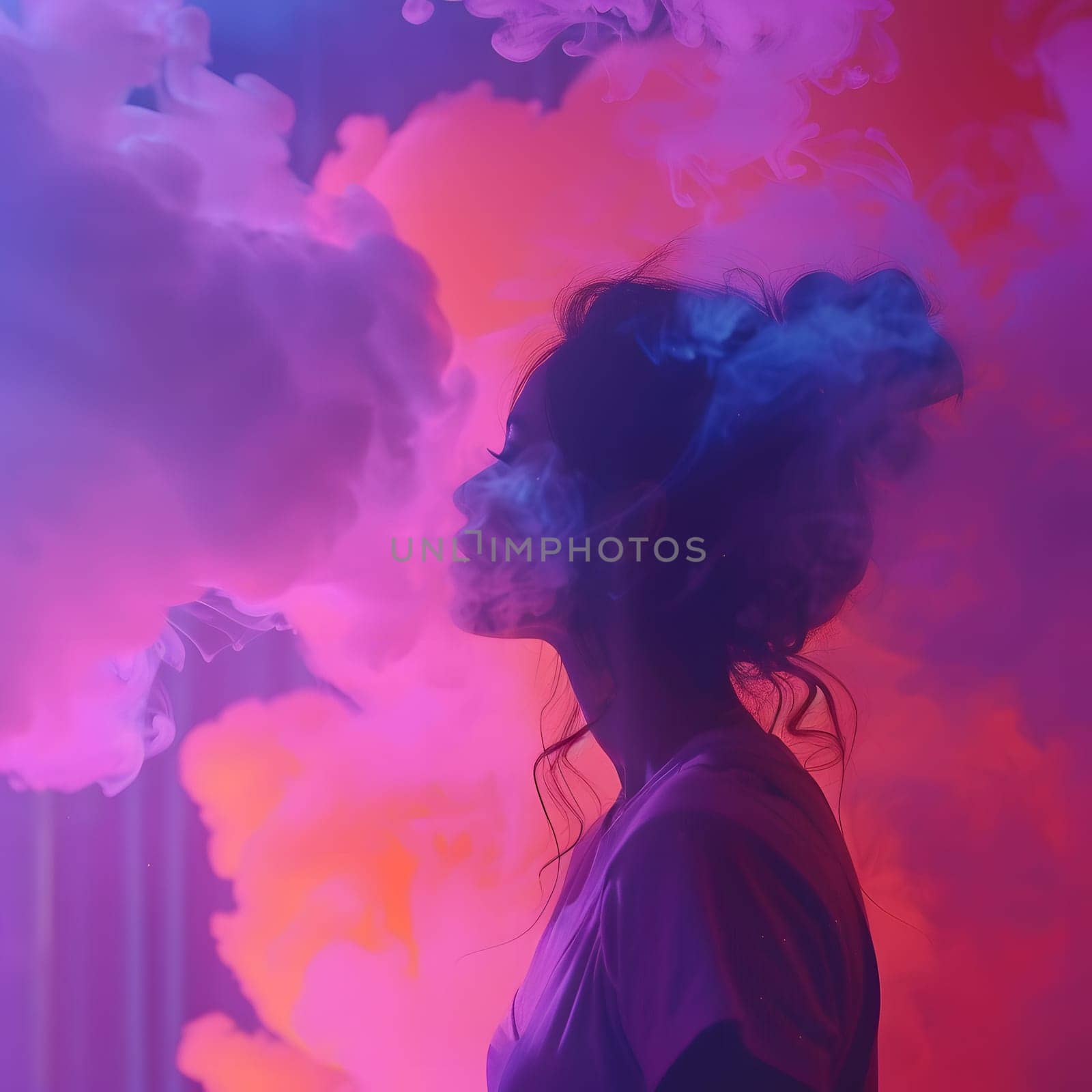 An artist is standing in front of a vibrant background filled with clouds of purple and electric blue smoke, creating an entertaining and visually captivating scene at an art event