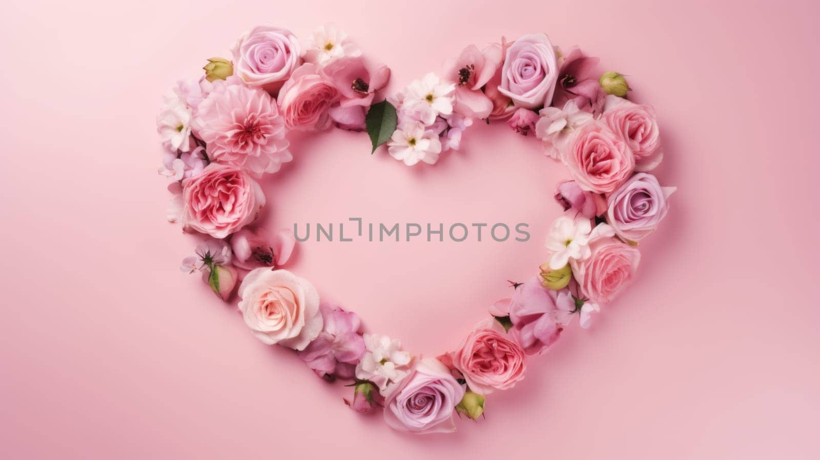 heart shape rose ranunculus buttercup frame pink background, ai