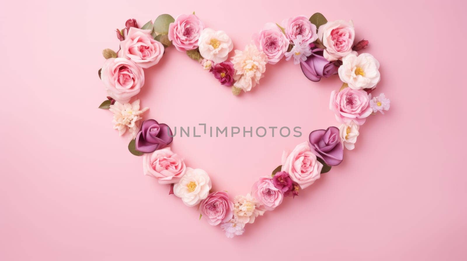 heart shape rose ranunculus buttercup frame pink background, ai