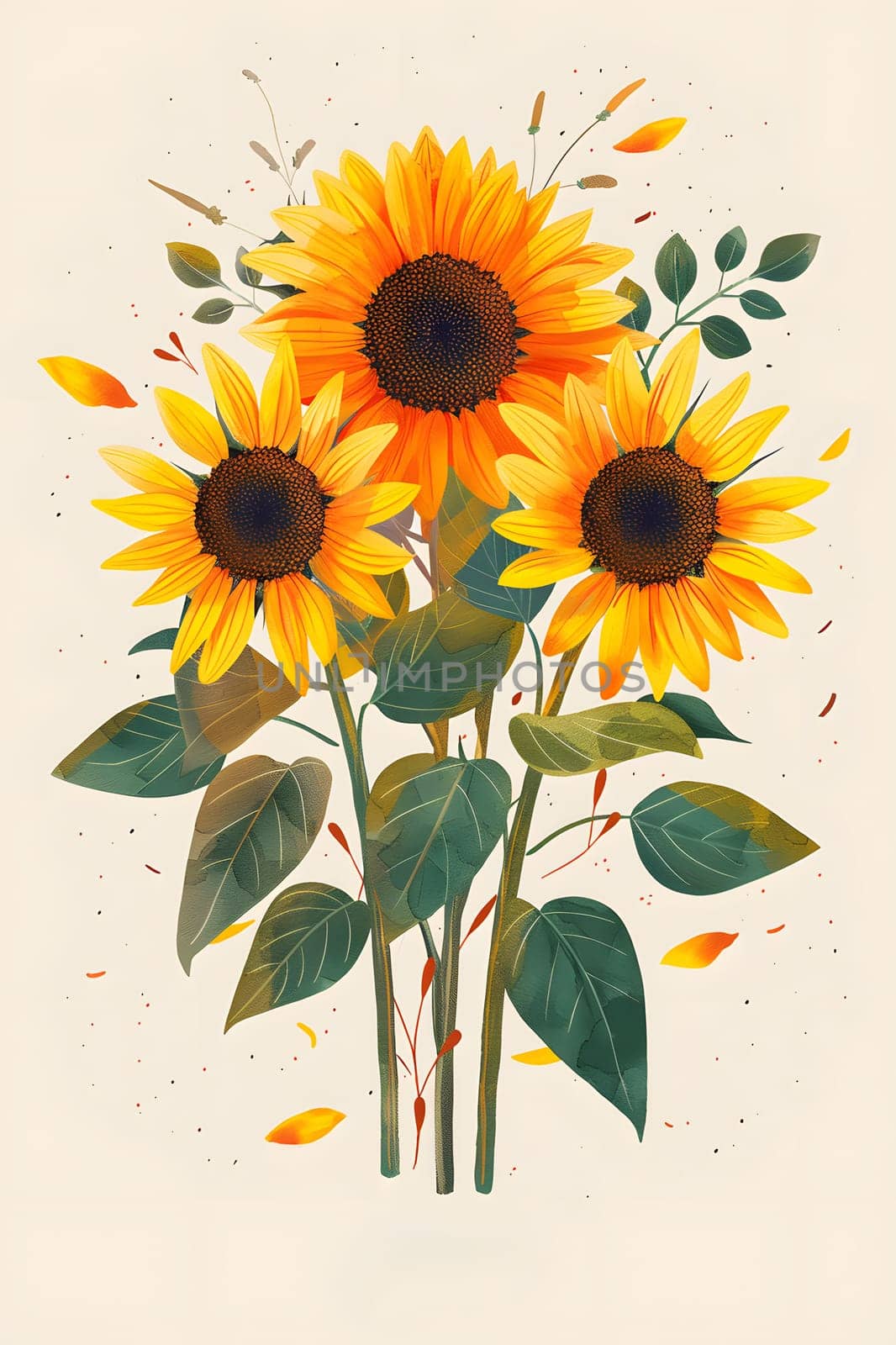 A beautiful painting depicting a bunch of sunflowers with green leaves on a white background. The vibrant petals of the sunflowers bring the artwork to life