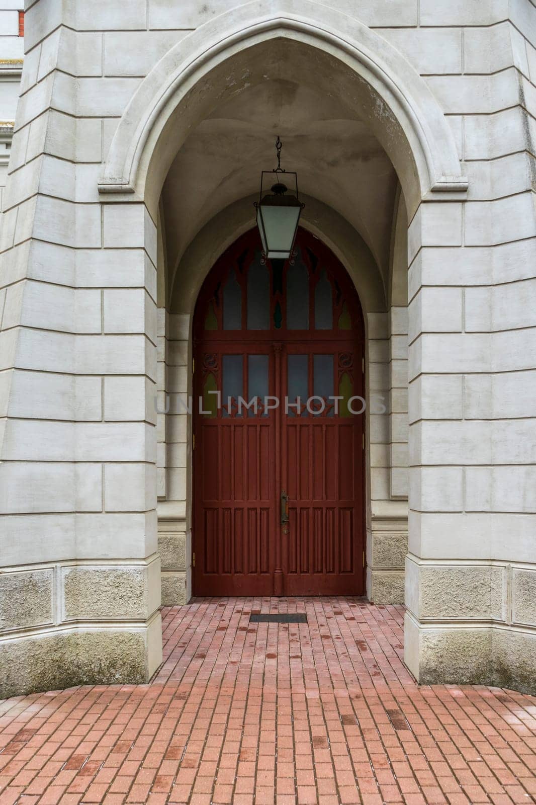 tall vintage brown wooden door with classic archway