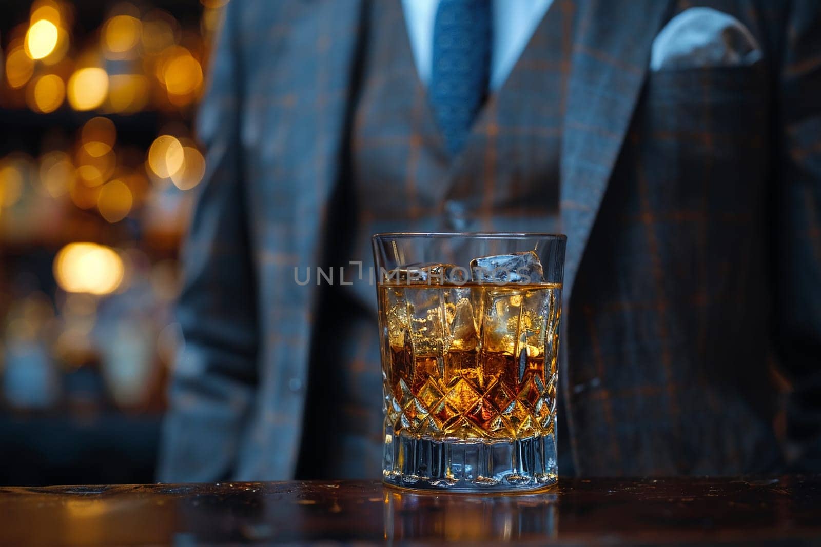 Close-up of whiskey glass on table, businessman in suit enjoying drink background. Luxury lifestyle, relaxation moment captured bar, perfect after work unwind.