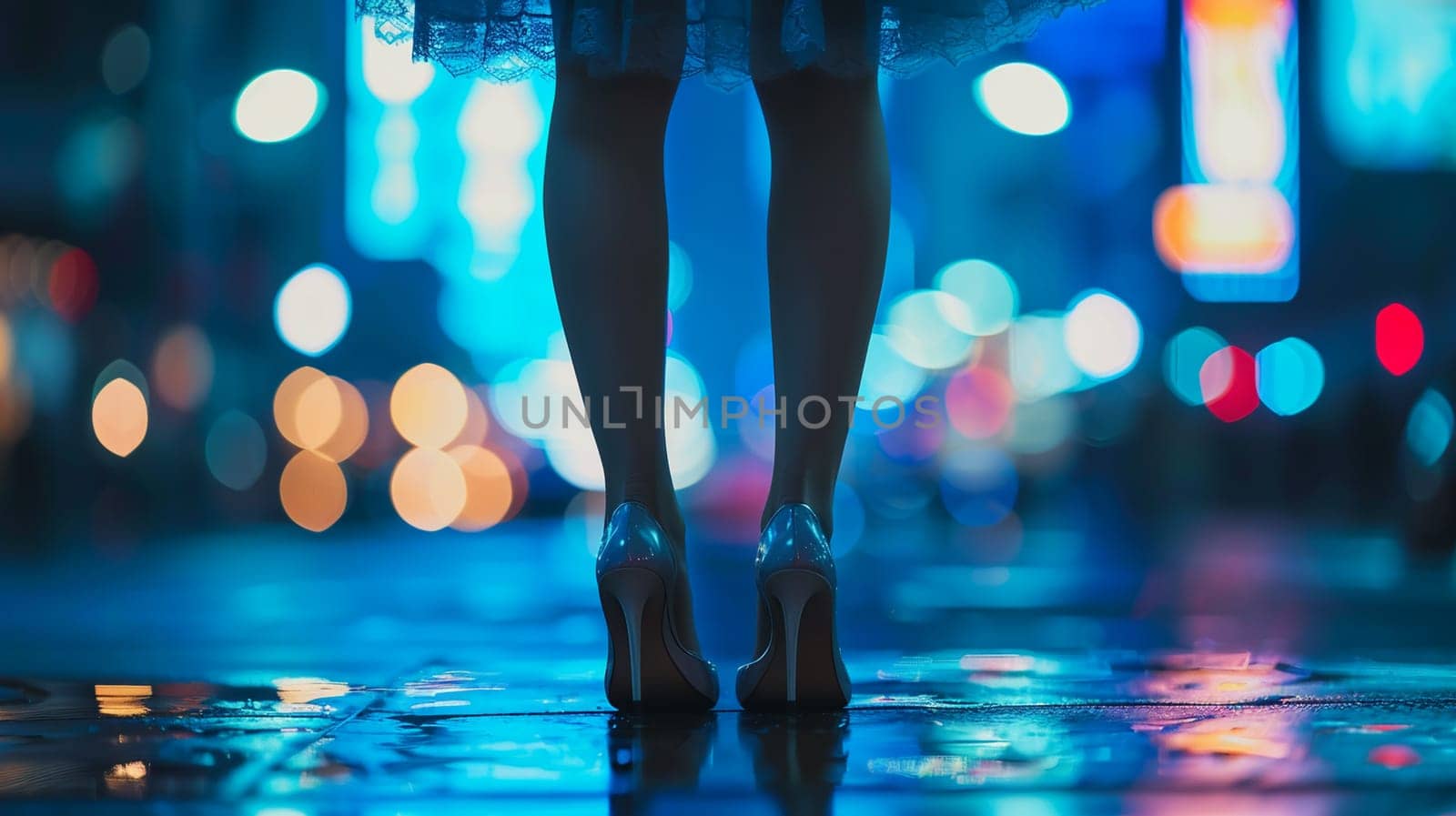 Elegance redefined slippery cityscape, close-up render glittering high heels lace details. Moody lighting blurs colors vibrant city lights.