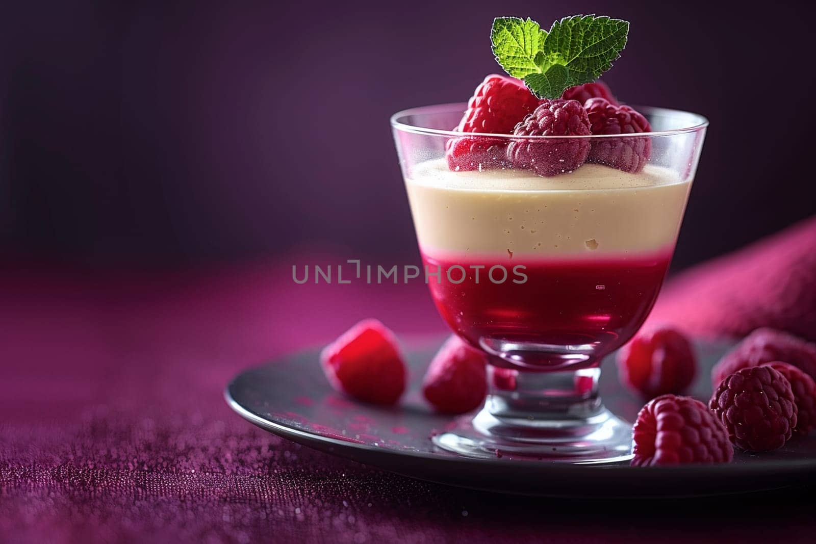 Stunning panna cotta with raspberry layer photographed on purple backdrop, garnished with mint leaf. Ideal for culinary presentations, blogs, or dessert menus.