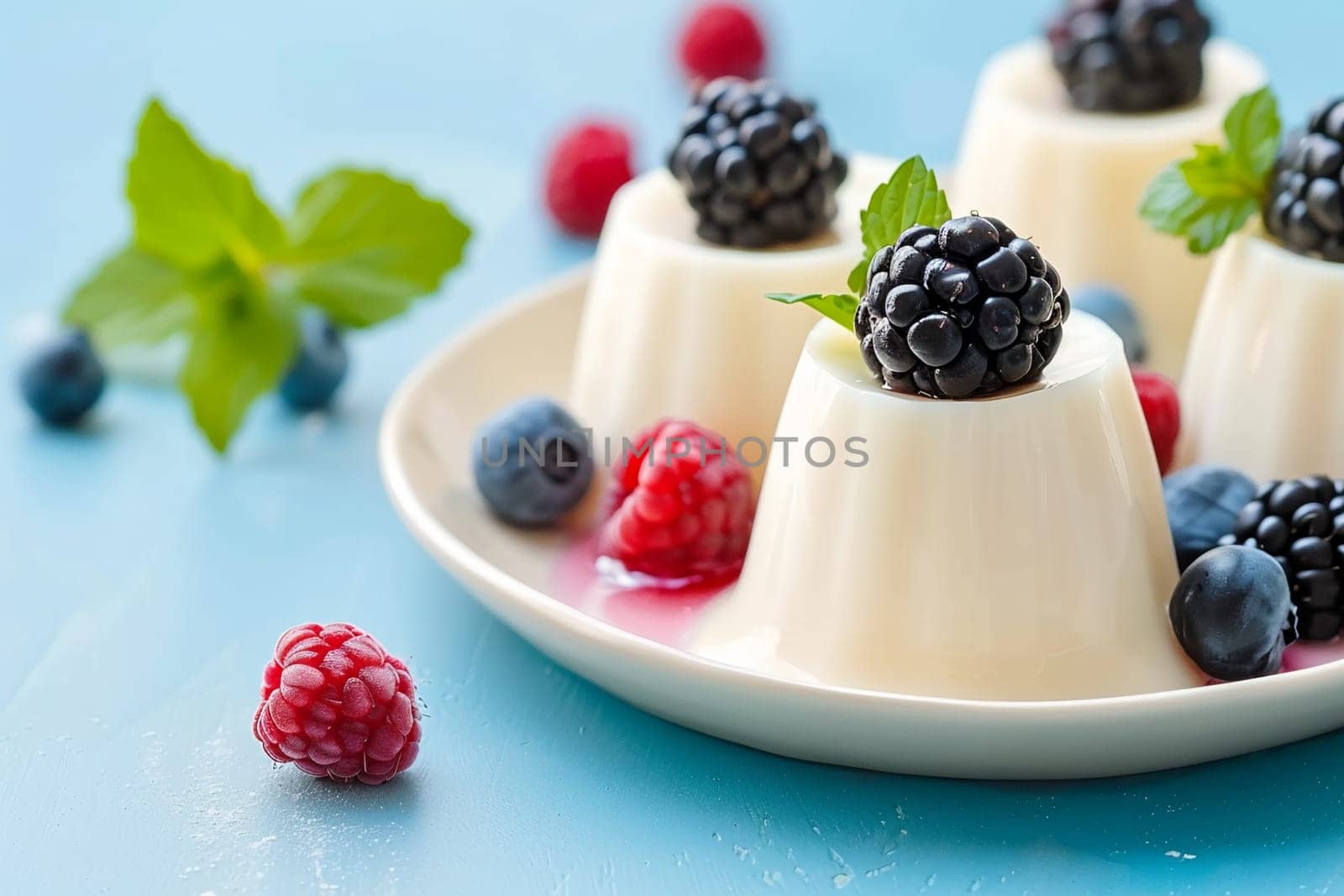 Creamy panna cotta fresh blackberries plate blue background. Delicious sweet dessert berries mint by Yevhen89