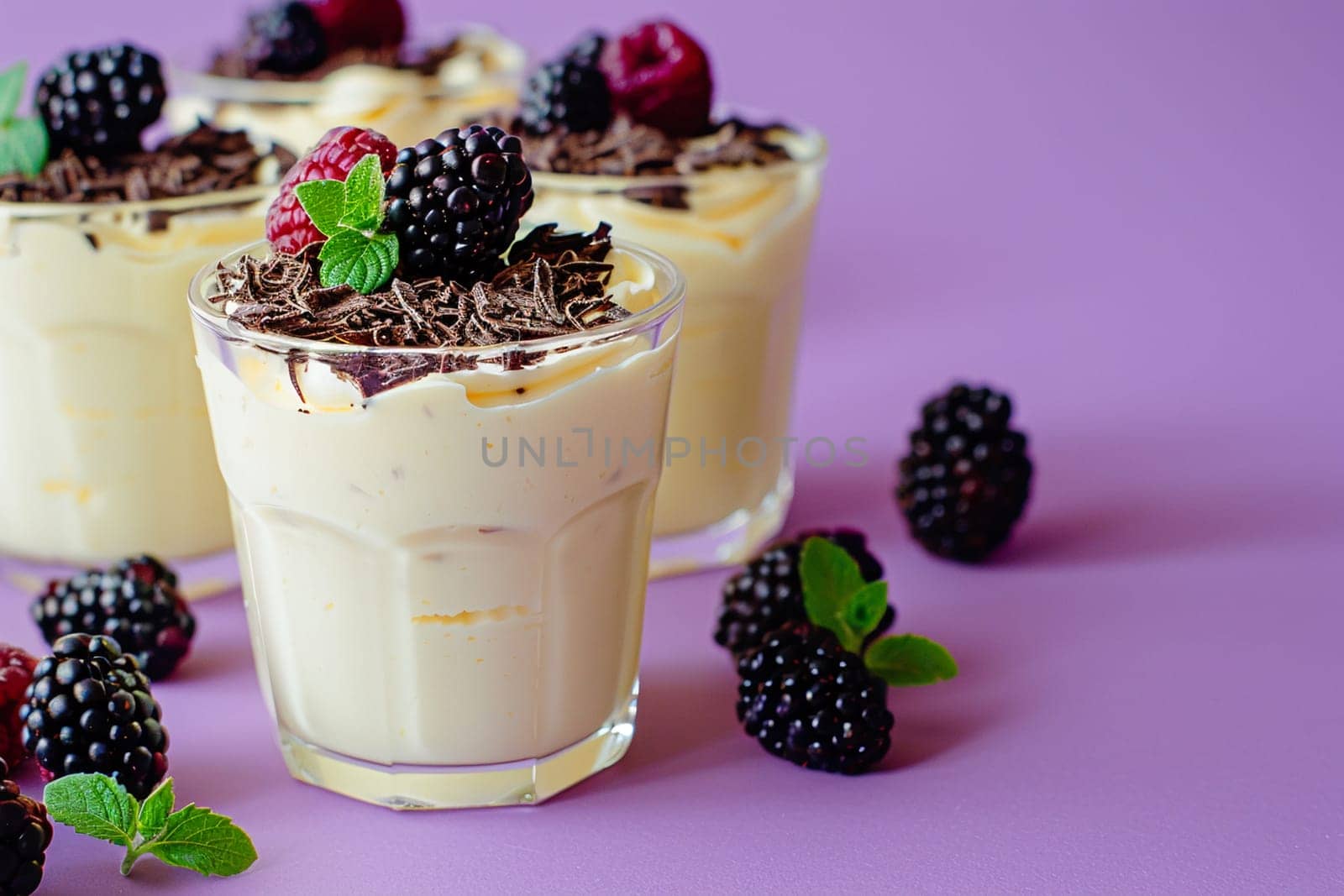 Elegant dessert presentation, panna cotta cups topped with raspberries, blackberries, mint leaves, chocolate shavings on purple backdrop.