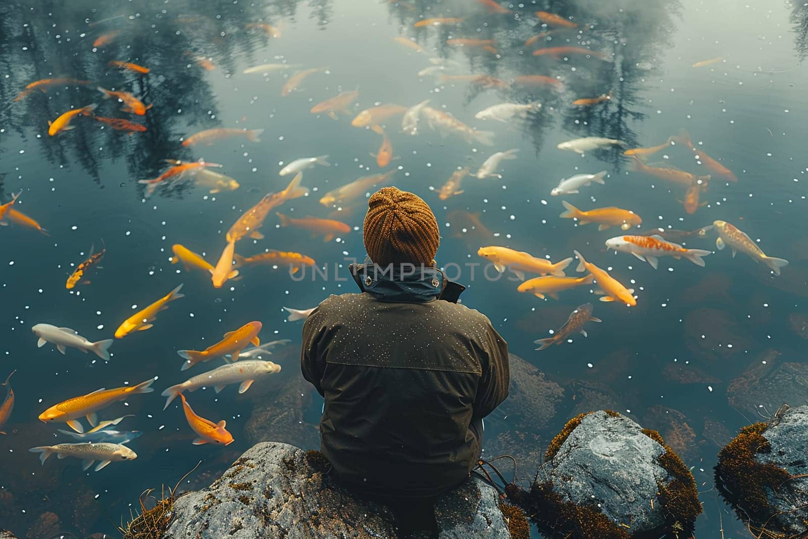 Solitary man seated by river, engrossed in fishing among vibrant koi fish, captures essence of peaceful solitude.