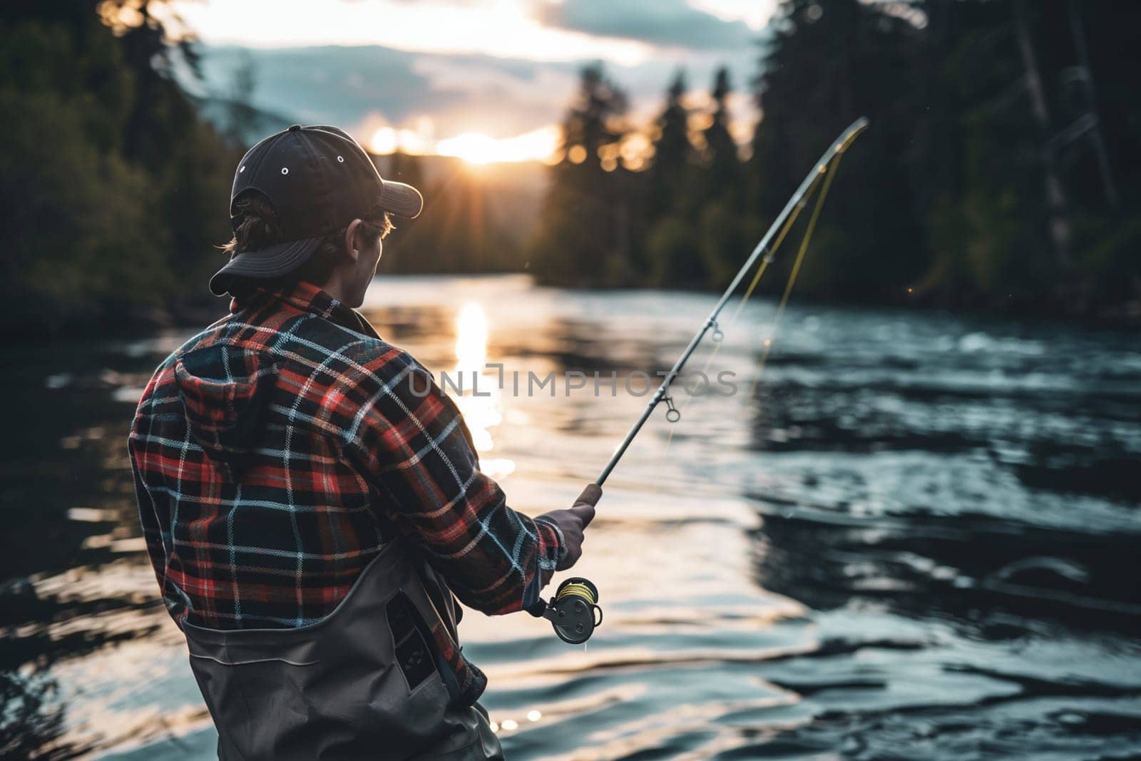 Solo fisherman stands river catching fish sunset. Man wearing plaid-shirt fishing calmly peaceful water setting sun.