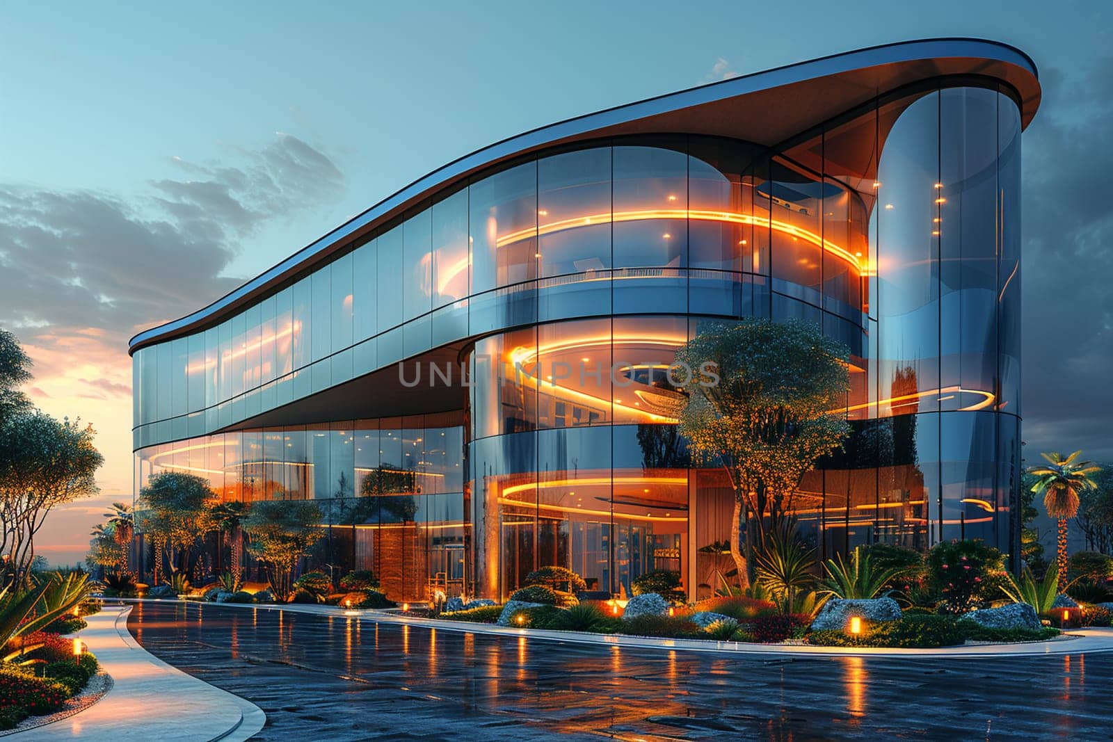 Futuristic hospital exterior night, illuminated architecture, modern design healthcare facility by Yevhen89