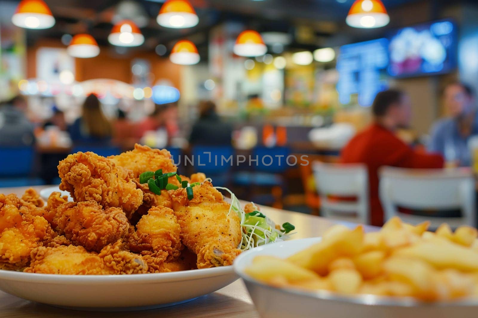 Crispy fried chicken served plate focus foreground, vibrant restaurant atmosphere. Selective focus by Yevhen89