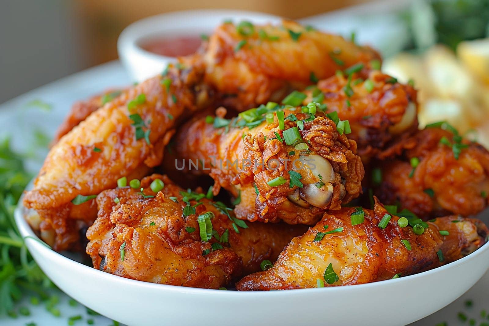 Delicious fried chicken wings garnished with green onions served. Appetizing by Yevhen89