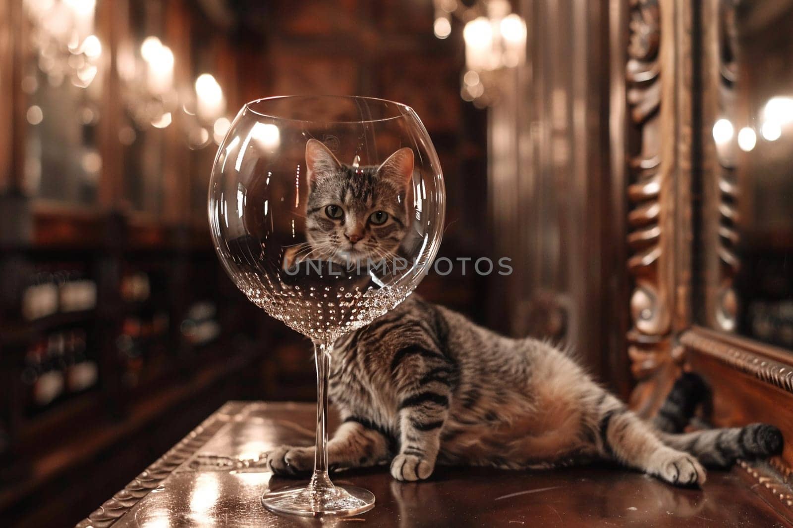 Charming image of a striped cat relaxing near an oversized wine glass in a warmly lit bar setting, symbolizing unexpected pet moments.